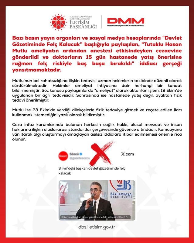 DMM, tutuklu Hasan Mutlu'ya 15 gün hastane yatışı önerildiği iddiasını yalanladı