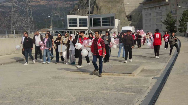 Artvin'de Deriner Barajı'nda meme kanserine dikkat çekmek için balon bırakıldı