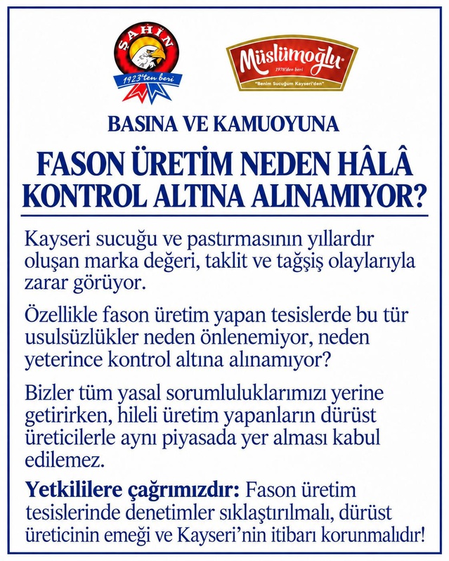 Kayseri sucuğu üreten 2 firma fason tesislerde denetimlerin artırılması çağrısı yaptı