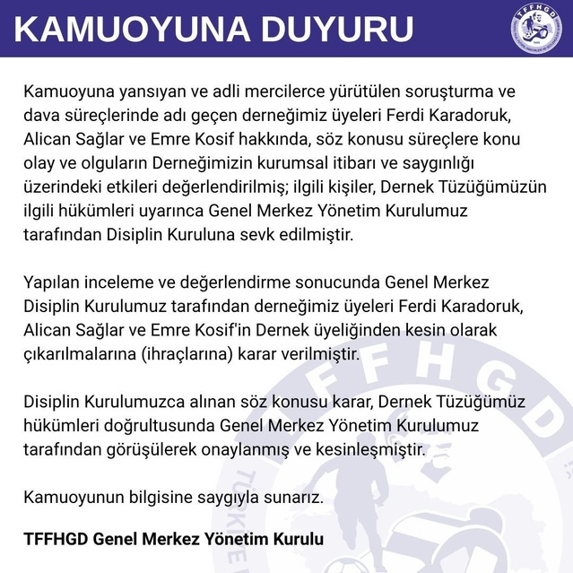 TFFHGD Disiplin Kurulu, Karadoruk, Sağlar ve Kosif'i kesin olarak ihraç etti