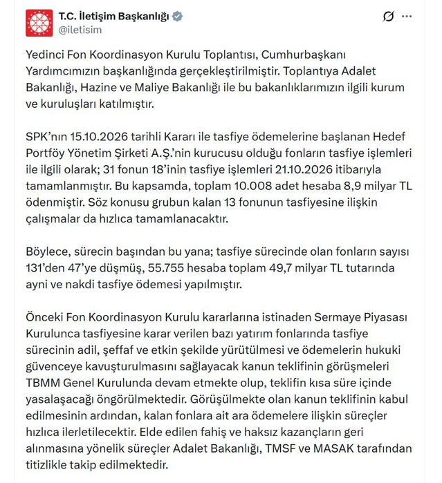 7'nci Fon Kurulu'nda sürecin başından bu yana 55 bin 755 hesaba 49,7 milyar TL ödendi