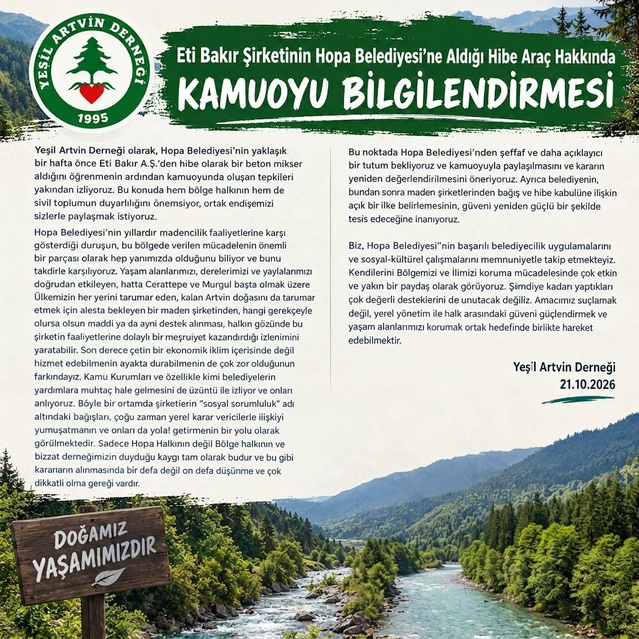 Yeşil Artvin Derneği, Eti Bakır'ın Hopa Belediyesi'ne mikser hibesine tepki gösterdi