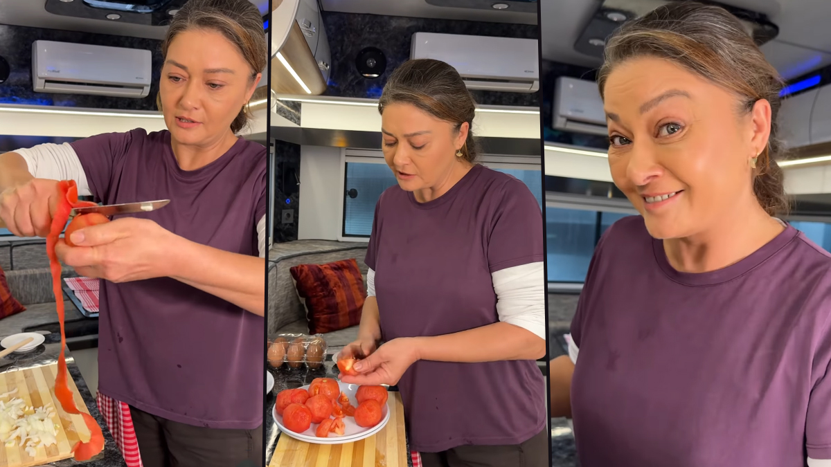 Nurgül Yeşilçay sette menemen yaptı. "Bol biberli ve soğanlı"