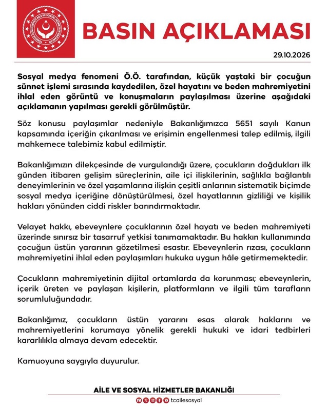 Mahkeme, Aile Bakanlığının sünnet görüntülerine erişim engeli talebini kabul etti