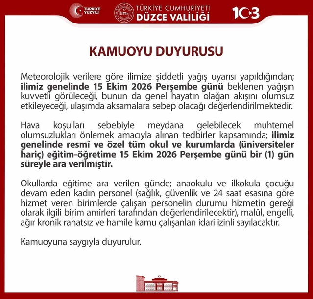 Düzce Valiliği, kuvvetli yağış uyarısı üzerine okullarda eğitime bir gün ara verdi