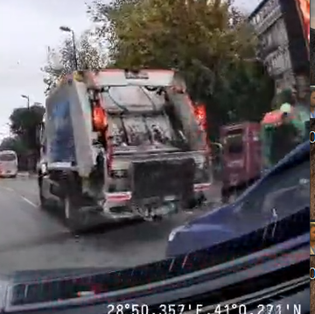 Bahçelievler'de çöp kamyonuna çarpan araç, personelin son anda kurtulduğu anı kaydetti