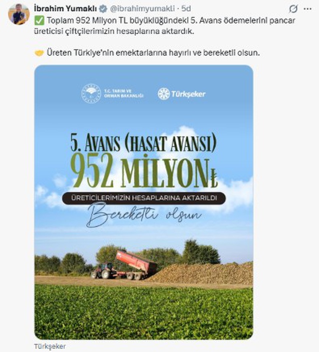 Pancar üreticilerine 952 milyon liralık 5'inci avans ödemesi hesaplara aktarıldı