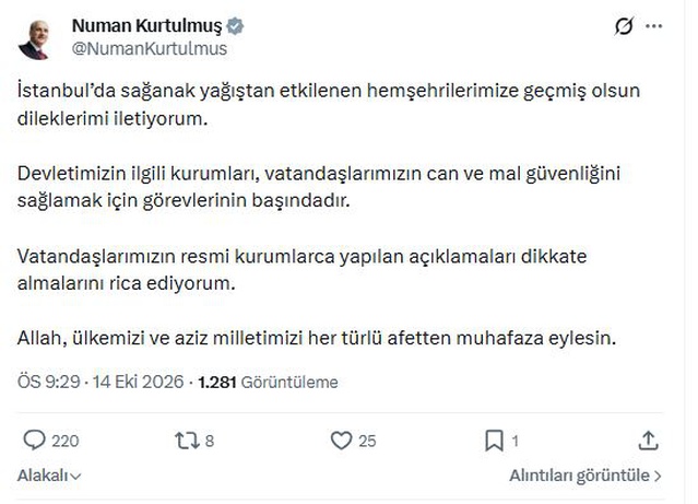 TBMM Başkanı Kurtulmuş, İstanbul'daki sağanakta resmi açıklamalara uyulmasını istedi