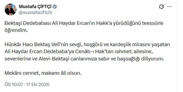 İçişleri Bakanı Çiftçi, Hakk'a yürüyen Dedebaba Ercan için başsağlığı diledi