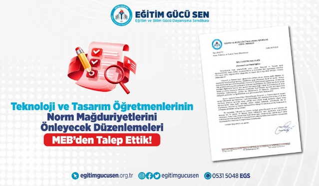 Eğitim Gücü Sen, Teknoloji ve Tasarım öğretmenleri için MEB'e norm kadro başvurusu yaptı