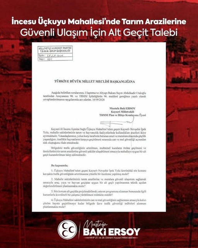 MHP'li Ersoy, İncesu'da güvenli ulaşım için TBMM'ye soru önergesi verdi