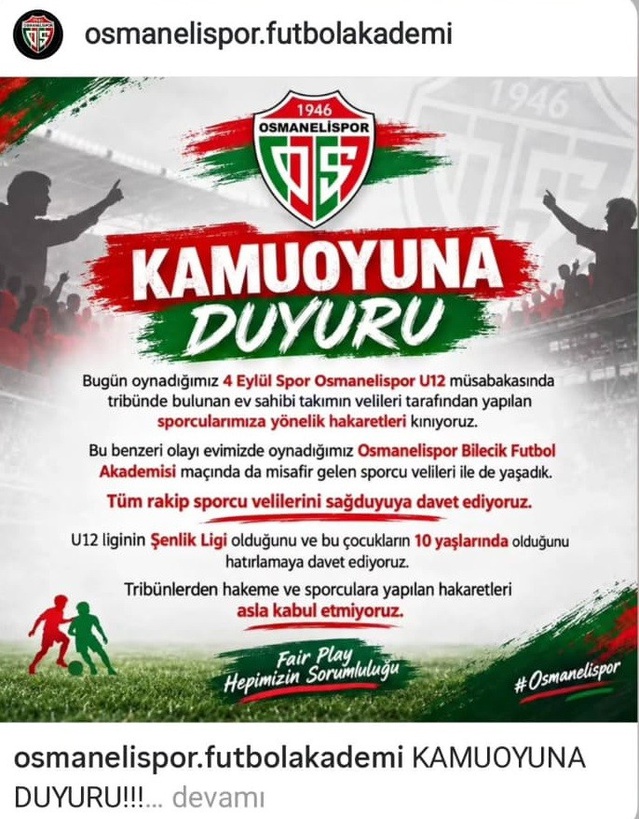Osmanelispor, Bilecik U12 liginde tribünden sporculara yönelik hakaretleri kınadı